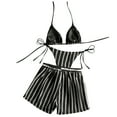 thumbnail image 2 of Purcolt Women's Stripes 3 Piece Swimsuit Boho Bikini Set Textured Hollow Out Halter Triangle Spaghetti Strap Bathing Suit with Cover Up Shorts, 2 of 8