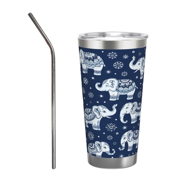 20oz Blue White Elephant Mandala Insulated Tumbler with Handle and Straw Boho Travel Cup Gift for Elephant Lovers with Stainless Steel Straw