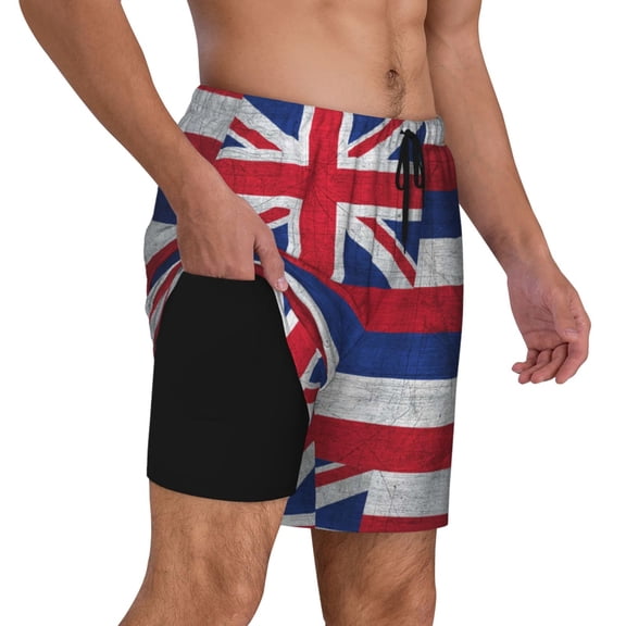 Mens Vintage Hawaiian Flag Swimming Trunks with Compression Liner Beach Quick Dry Swim Shorts
