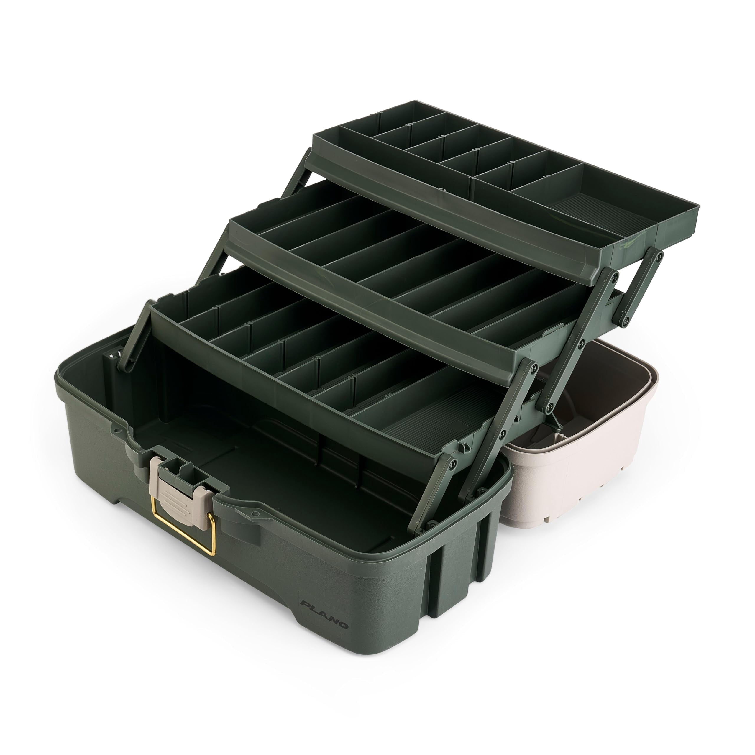 Plano Three-Tray Tackle Box, Green/Tan, Rust-Proof Brass Latch, Top-Access Tray with Deep Storage, Made in the USA, Portable Fishing Gear Storage Organizer