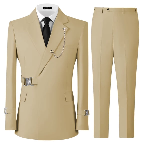 Men's Champagne Suit 2 Piece Slim Fit Double Breasted Suits Metal Clasp Blazer Pant Set for Wedding Prom Party M