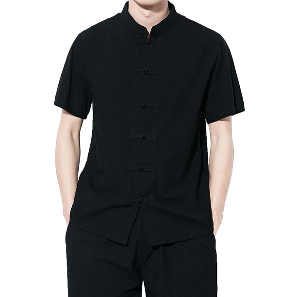 Camisas De Vestir Para Hombre 5xl Novedad de verano, camisa de estilo étnico, camisa de Color sólido, camisa de manga corta delgada con cuello levantado y botones para hombre (Black, M)