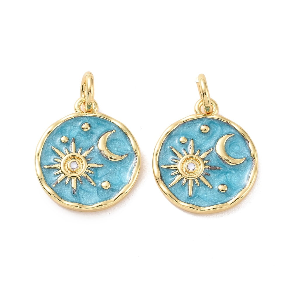 Rack Plating Brass Pendants with Enamel and Jump Ring Cadmium Free Lead Free Long-Lasting Plated Flat Round with Sun Moon Pattern for diy