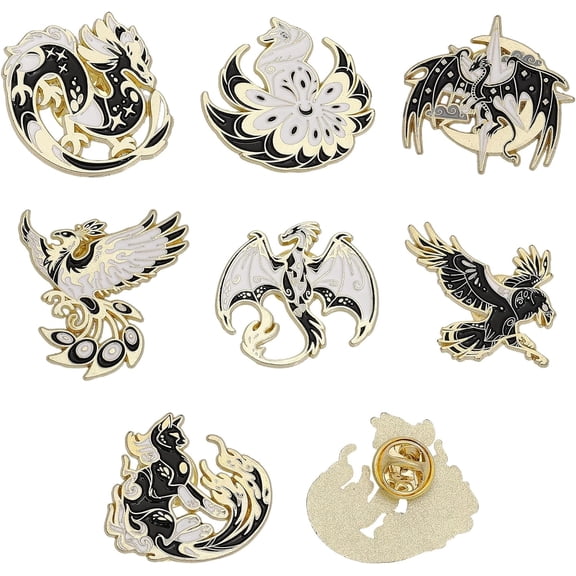 7Pcs 7 Style Dragon & Cat & Bird & Fox Enamel Pin Light Gold Alloy Animal Badges for Clothes Backpack Black 26.5~30.5x27~32x1.5mm 1Pc/style