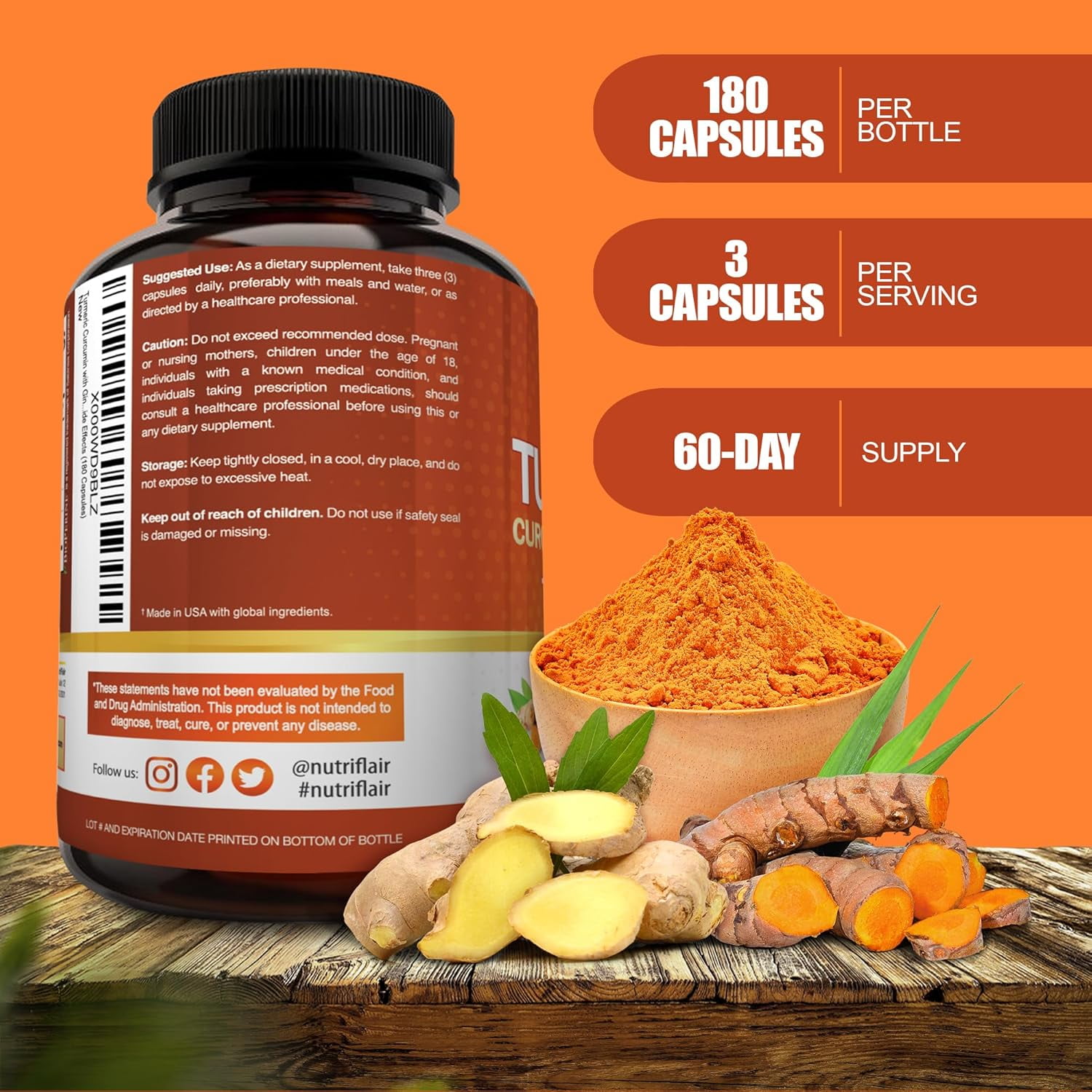 NutriFlair Turmeric Curcumin Supplement with Black Pepper and Ginger, 2250 mg per Serving, 180 Capsules