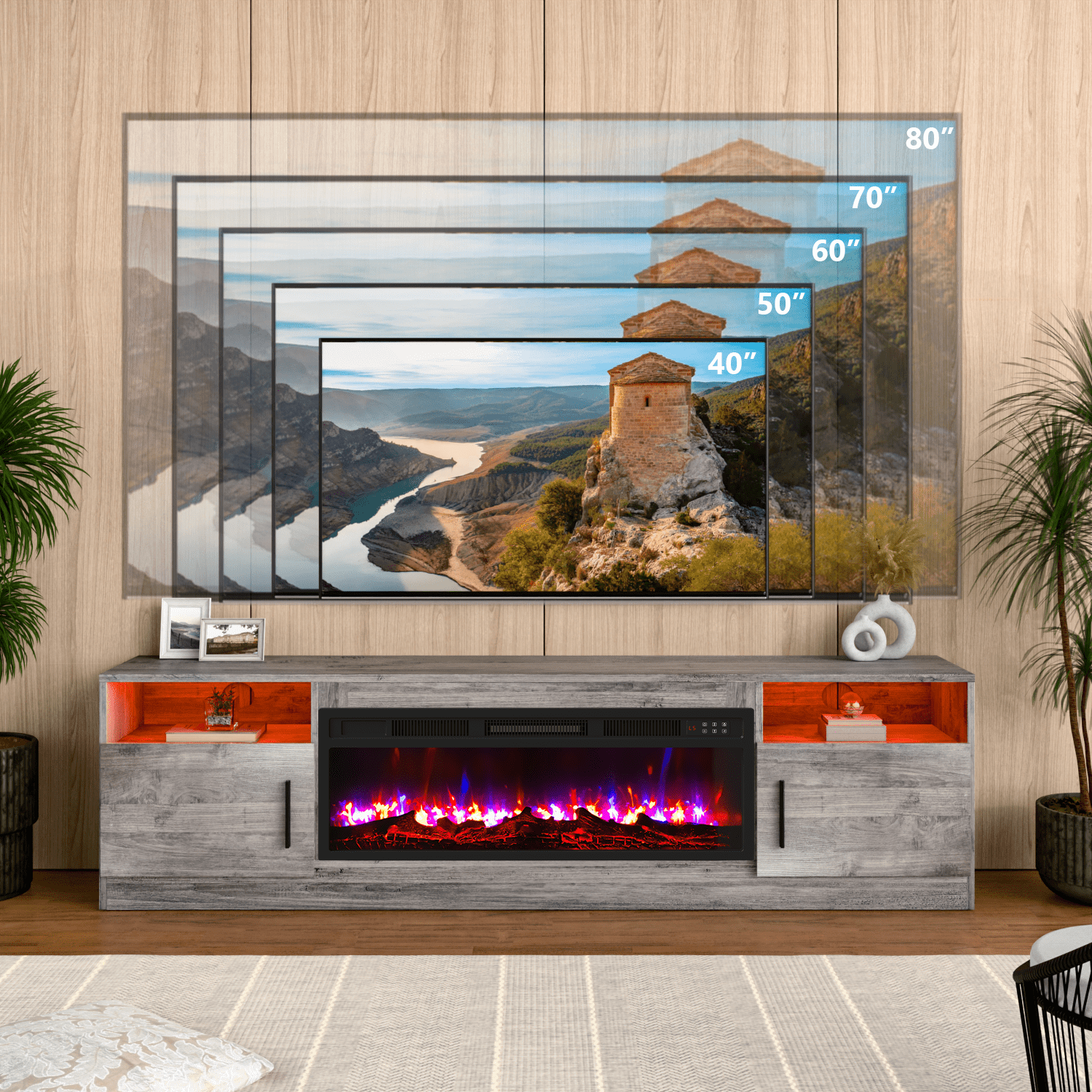 Waleaf Fireplace TV Stand Entertainment Center with 36" Fireplace, 70" Wooden TV Stand for TVs Up to 80", Gray