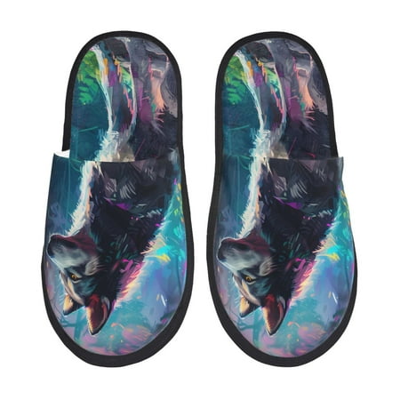 Balery Colorful Plant Wolf Slient Indoor Furry Fleece Comfort House Shoes Soft Non-Slip Home Shoes Cotton slippers House Slippers-- Large