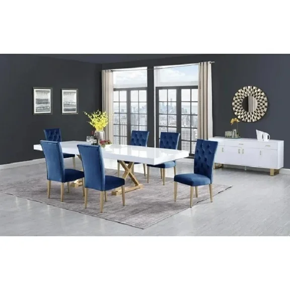 7Pc Modern Dining Room Set, Lacquer Wood Expandable Dining Table with Velvet Tufted 6 Side Chairs Set, Blue