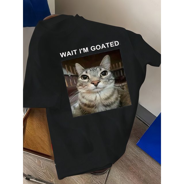 Boys' Short Sleeve T-Shirt - Black Funny Cat Graphic & "Wait I'm Goated" Print, Casual Summer Top, Breathable Round Neck Tee for Outdoor Play & Casual Attire, Cat Shirt