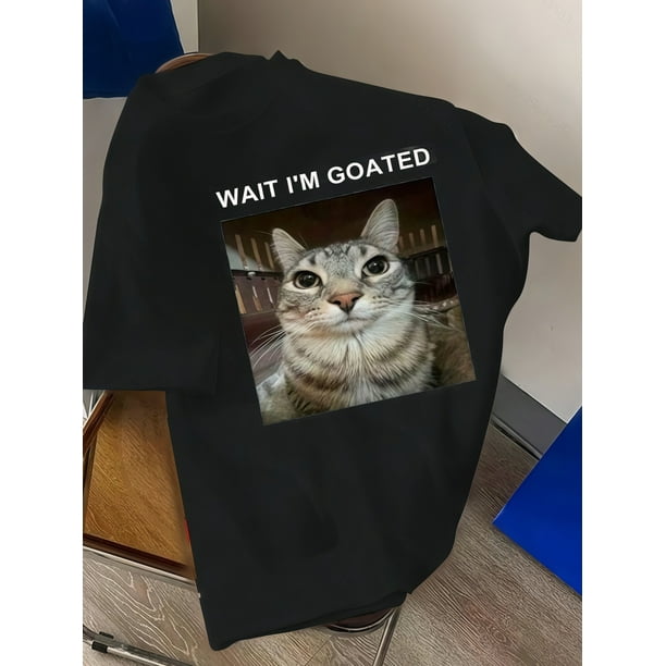 Camiseta de manga corta para niño - Estampado de gato negro divertido "Wait I'm Goated", top informal de verano, camiseta transpirable de cuello redondo para jugar al aire libre, ropa informal, cami