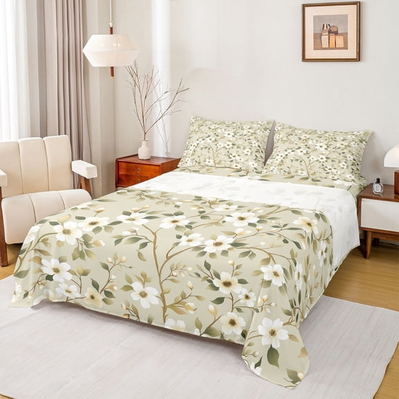 Manfei Girls Chic Floral Blossoms 3pcs Twin Sheet Sets,Spring Graden Twin Fitted Sheet,Retro Vintage Breathable Flat Sheet,Breathable Home Decor