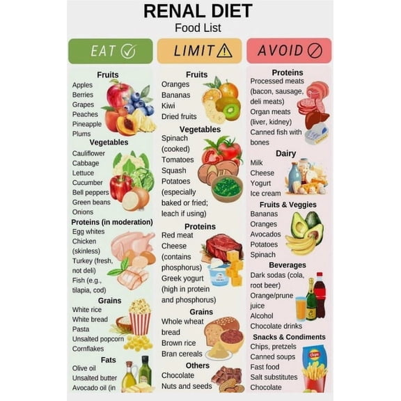 Renal Diet Food Chart Kidney Friendly Foods List Poster Suitable For Home Kitchen Dining Room Sanatorium Rehabilitation Centre Office Decor poster