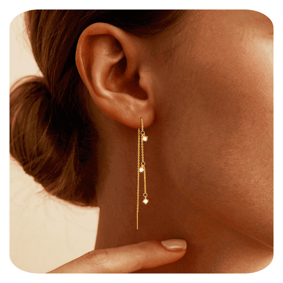 ELESMILO Gold Dangle Earrings for Women Non Tarnish 14K Gold Plated Drop Wedding Hypallergenic Earring Dainty Long Hanging Chain CZ Pearl Threader Earrings Trendy Silver Plated Jewelry for Women