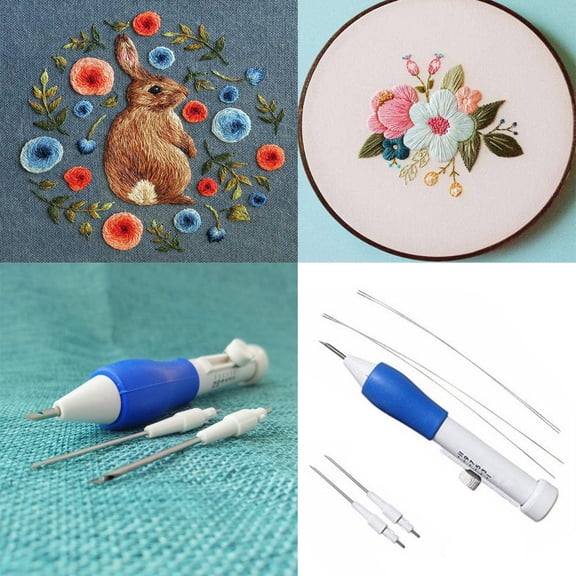 Wovilon Embroidery Kits with Punch Needle, Wooden Handle Pen, 4 Pieces
