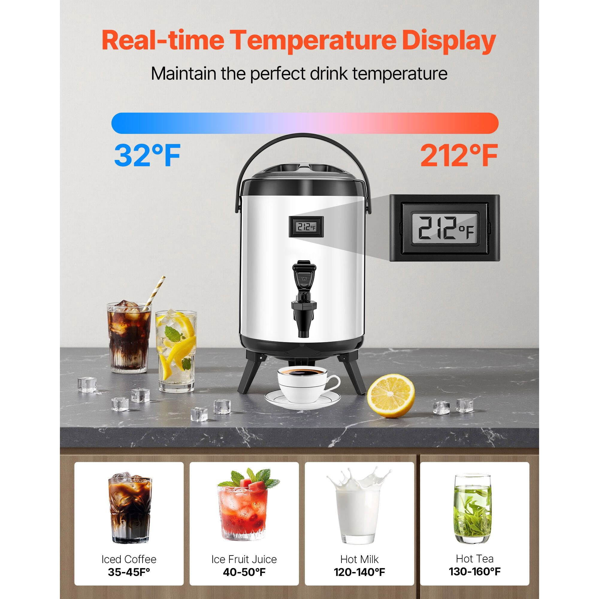 1.5 Gallon Insulated Beverage Dispenser with Temp Display, 304 Stainless Steel, Hot/Cold Insulation, Drip-Free Spigot for Cafes Restaurants