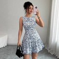 thumbnail image 4 of White-Blue Floral Sleeveless A-Line Skater Mini Dress, Crew Neck High Waist, 4 of 16