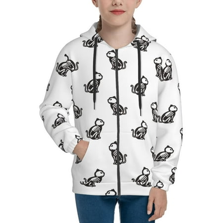 

Hoodies for Women Black White Cartoon Cat Bones Long Sleeve Sweatshirt Drawstring Zip Up Hoodie with Pockets Teen Girl Clothes