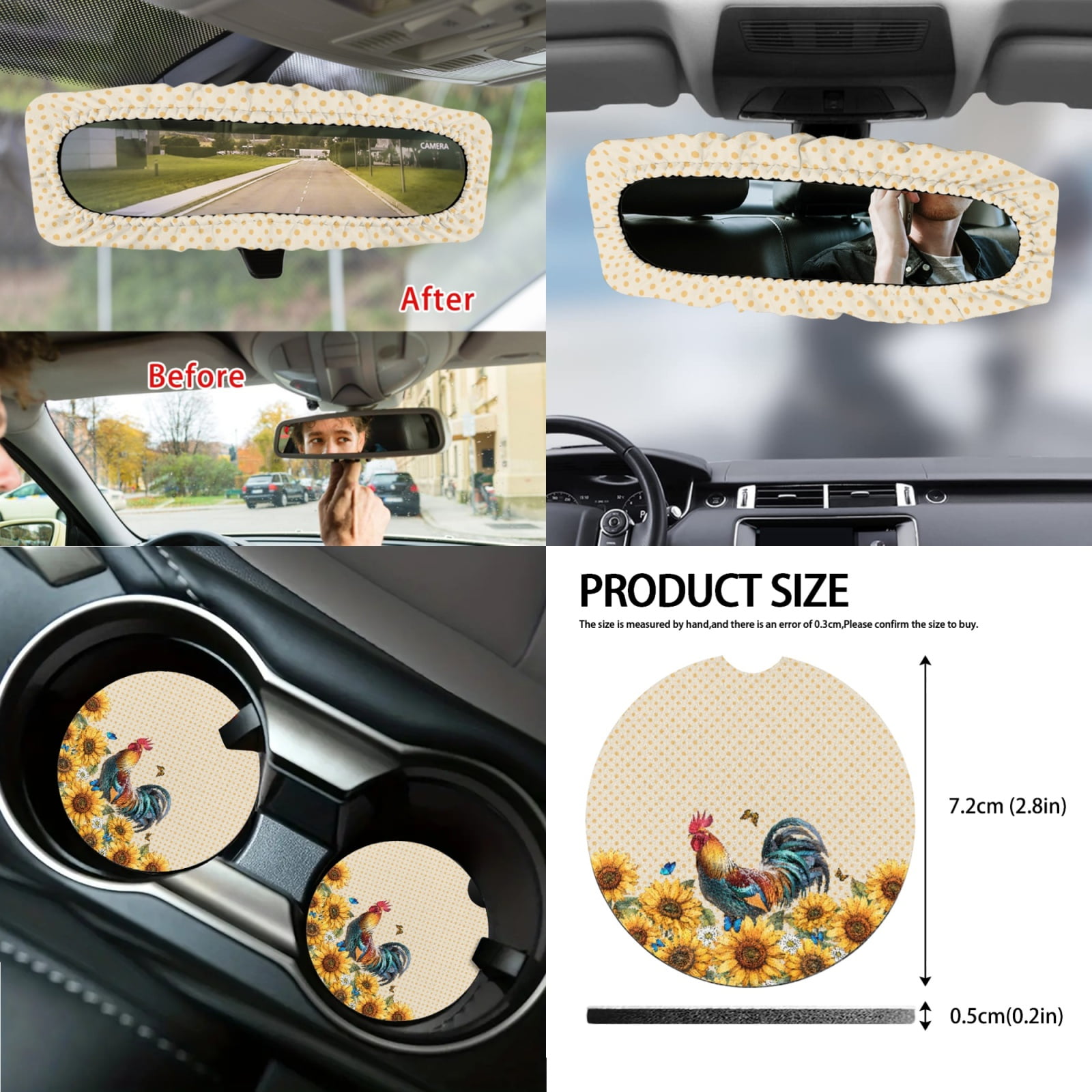 Yuyamidu 14 PCS Chicken Car Seat Cover Set Sunflower Auto Steering Wheel Cover Seat Belt Pad Cup Holder Trash Bag Gear Shift Knob Cover Set Rear View Mirror Cover Auto Armrest Cover