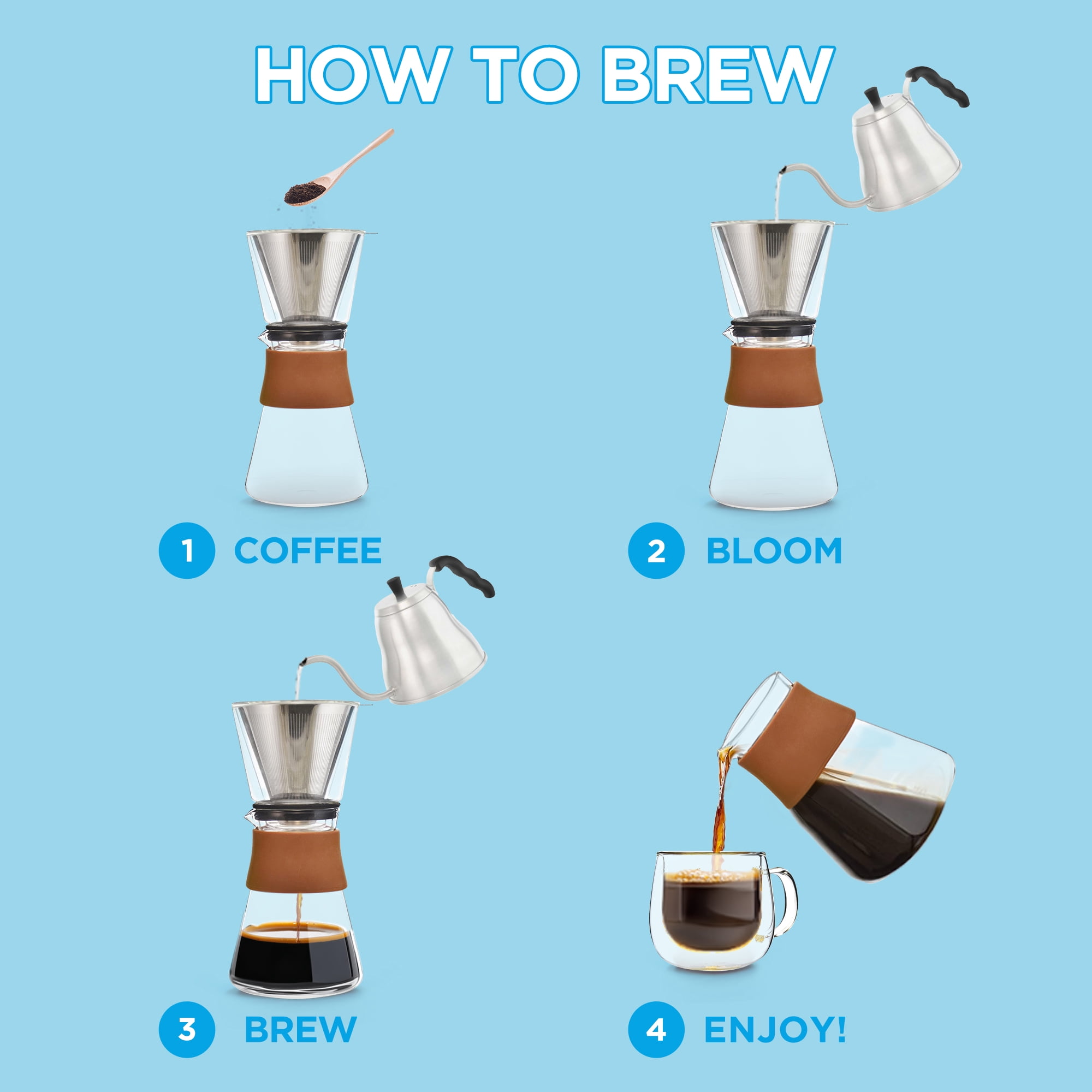 GROSCHE Amsterdam Glass Pour Over Coffee Maker - Single Cup Manual Dripper Brewer w/Removable Glass Top & Permanent Stainless-Steel Filter - 27.6 fl oz - Ideal for Home, Camping, & On-the-Go Brewing