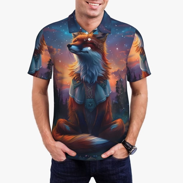 Fotbe Starry Sky Meditating Fox Camiseta Polo de Golf para Hombre con Estampado – Camisa Deportiva Transpirable con Cuello Abotonado-Large