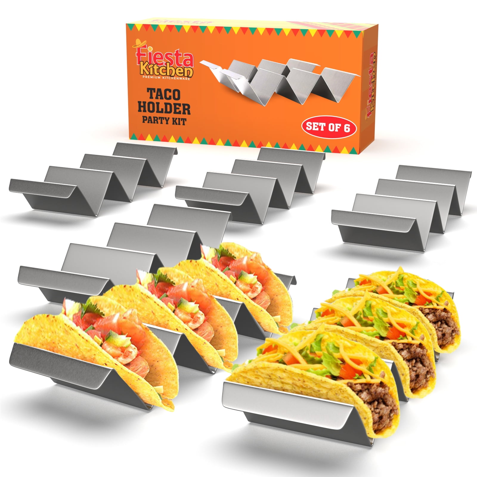 Set of 6 Fill & Serve Tacos With Ease NHZ Taco Holder Stand Taco Trays by Fiesta Kitchen Set of 6 Oven & Grill Safe Stainless Steel Taco Racks With Handles 