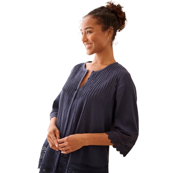 Ellos Plus Size 100% Cotton Crepe Button-Front Three-Quarter Sleeve Crochet Trim Blouse