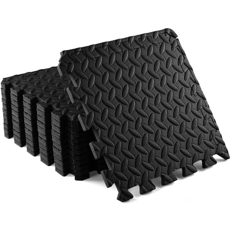 Yes4All 12 pcs Interlocking Exercise Foam Mats  Cover 12 sqft  3/8 inch Thick  Black Color