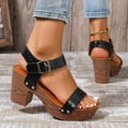 thumbnail image 4 of MLCDZ Womens Wedge Heel Sandals Platform Ankle Buckle Studded Open Toe Faux Wood Sandals,Leather Construction,Wooden Heels,Embellished Studs Black 41, 4 of 9