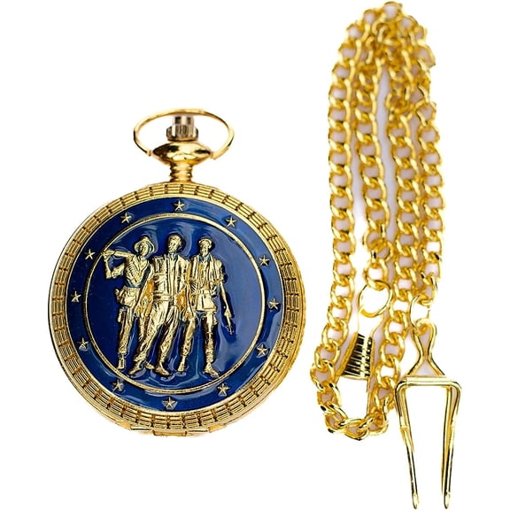 Vietnam Memorial Soldiers Embossed Picture White Dial Arabic Digital Gold Tone Pocket Watch & Long Chain with Gift Box | Memorable Gift for Men & Women | Size – 3.75" x 3.5" x 1.5"
