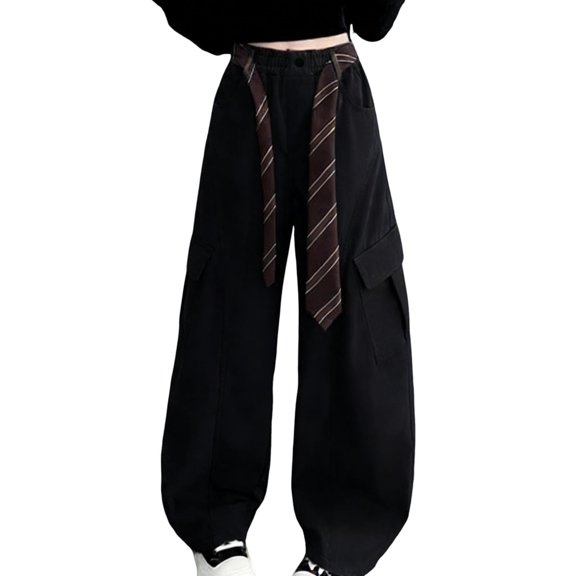 Girls Cargo Pants Wide Leg with Tie Detail Elastic Waistband Pockets Baggy Comfortable Casual School Pants for Girls Black,Size 12-13T