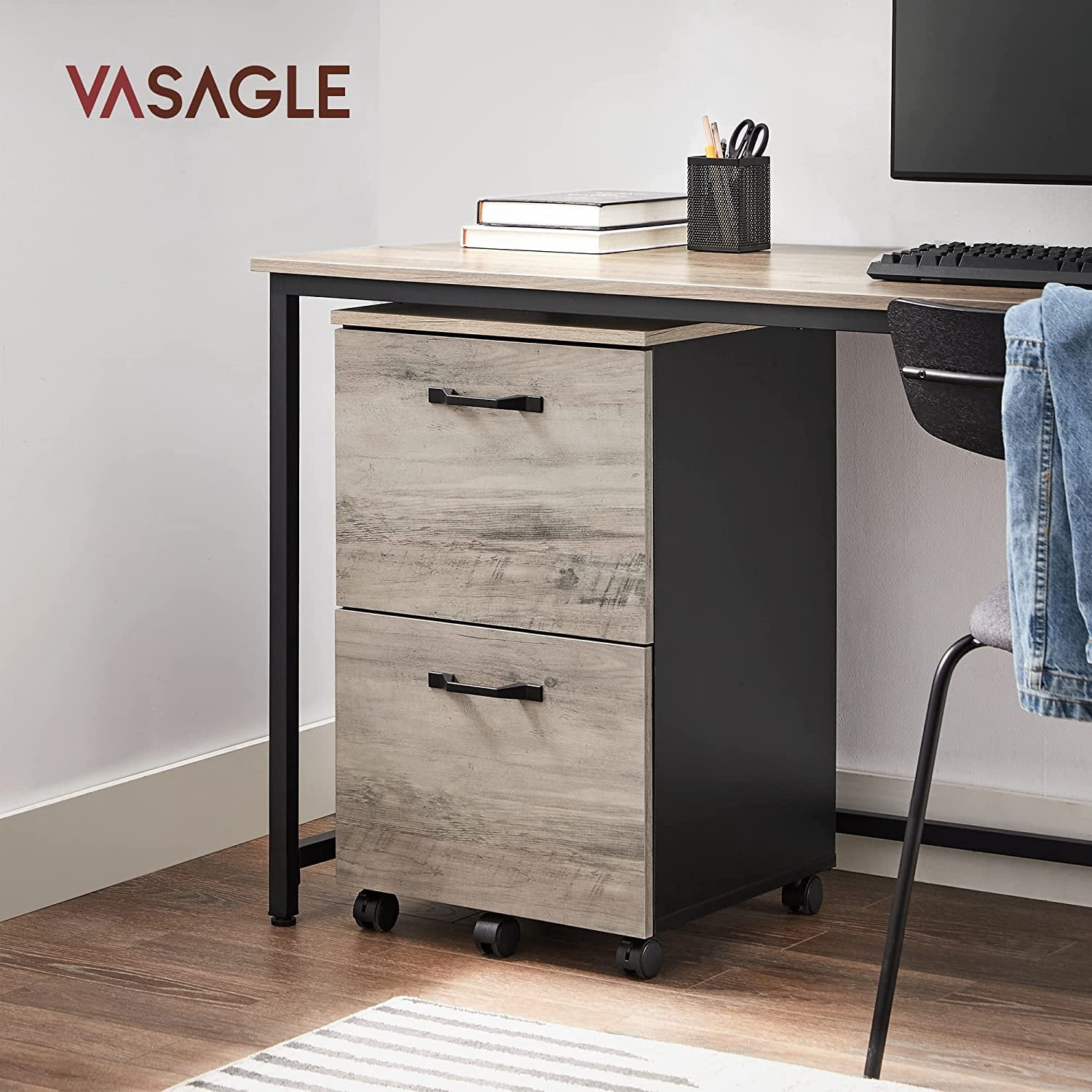 VASAGLE Industrial File Cabinet with 2 Drawers, Rolling Office Filing Cabinet, Greige and Black
