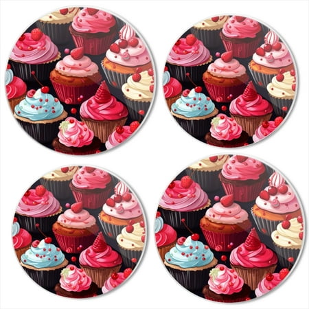 

BaHomeck Electric Stove Burner Covers Set of 4 Round Metal Gas Stove Burner Covers 8 Inch and 10 Inch Kitchen Decor Cupcakes With Pink And Red Frosting And Berries On Top
