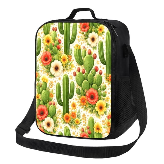 Cactus Floral Pattern Lunch Bag Insulated Thermal Lunch Box with Shoulder Strap & Handle for Women and Men