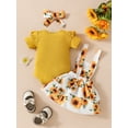 thumbnail image 4 of Musuos Baby Girls Summer Outfit 3 6 9 12 18M Short Sleeves Ribbed Rompers and Floral Suspender Skirt Headband 3 Piece Clothes Set, 4 of 10
