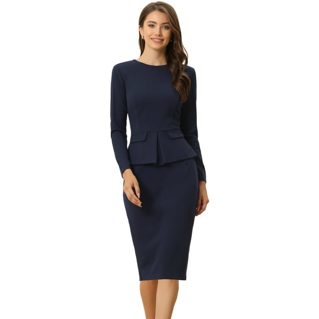 Vestido ceñido al cuerpo para mujer, cuello redondo, manga 3/4, Peplum, vestido para trabajar en la oficina Azul Marino XS