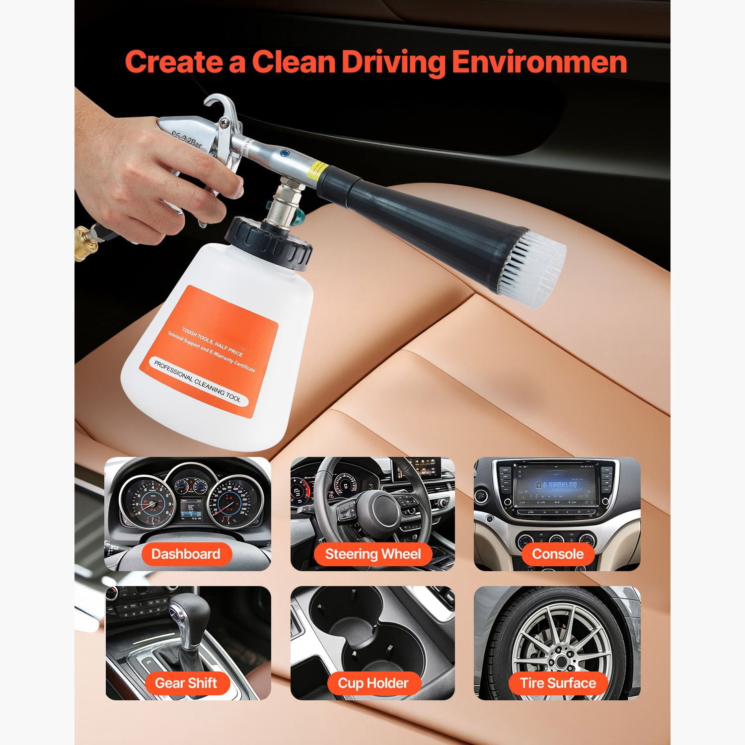 Vortex Cleaning Gun, High-Pressure Air Compressor Gun with 1L Tank, 360° Rotating Nozzle, Spray and Blow Modes, 6-9.2 Bar Pressure, for Car Interior and Exterior Cleaning