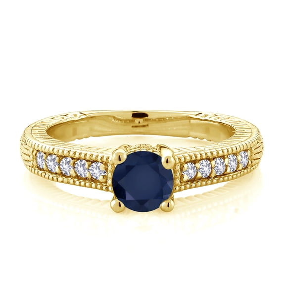 Gem Stone King 18K Yellow Gold Plated Silver Blue Sapphire and White Created Sapphire Women's Solitaire Ring with Accent Stones (0.75 Cttw, Round Shape 5MM, Size 5)
