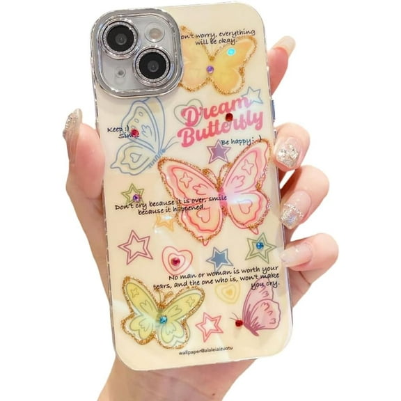 Compatible with iPhone Case,Luxury Sparkly Butterfly Pattern with Glitter Camera Lens Protection Shockproof Cover Phone Case (Pink,iPhone 13)