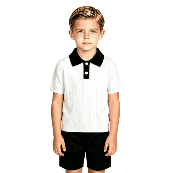 Kids Short Sleeve Knit Polo Shirt Contrast Turn Down Collar Ribbed Texture Pullover Top Casual School School Uniform