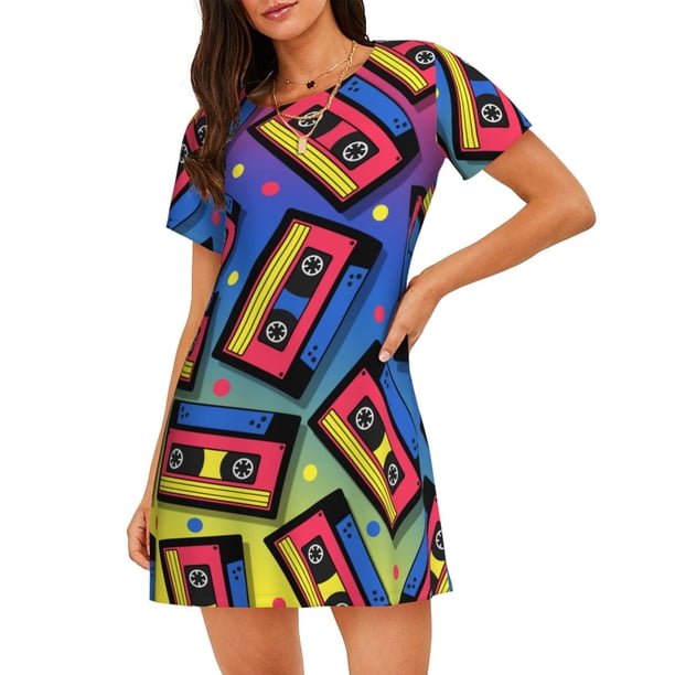 Balery Vintage Audio Cassettes Camisón de manga corta con cuello redondo para mujer, cómodo y elegante.