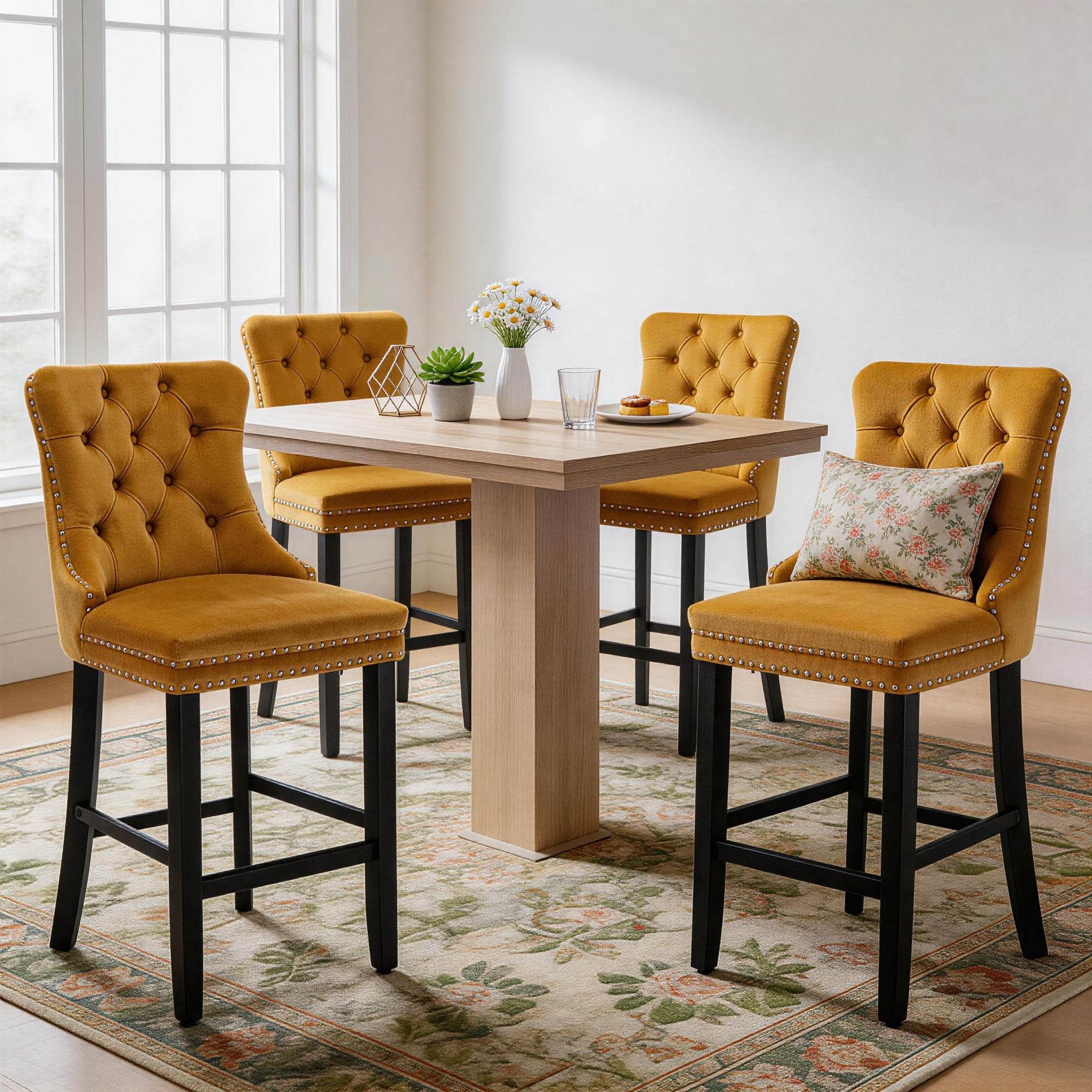 DONICK Velvet Counter Height Bar Stools Set of 2,Button Tufted Back Bar Chair Nailhead Back Pull Tab Wooden Leg(Yellow)