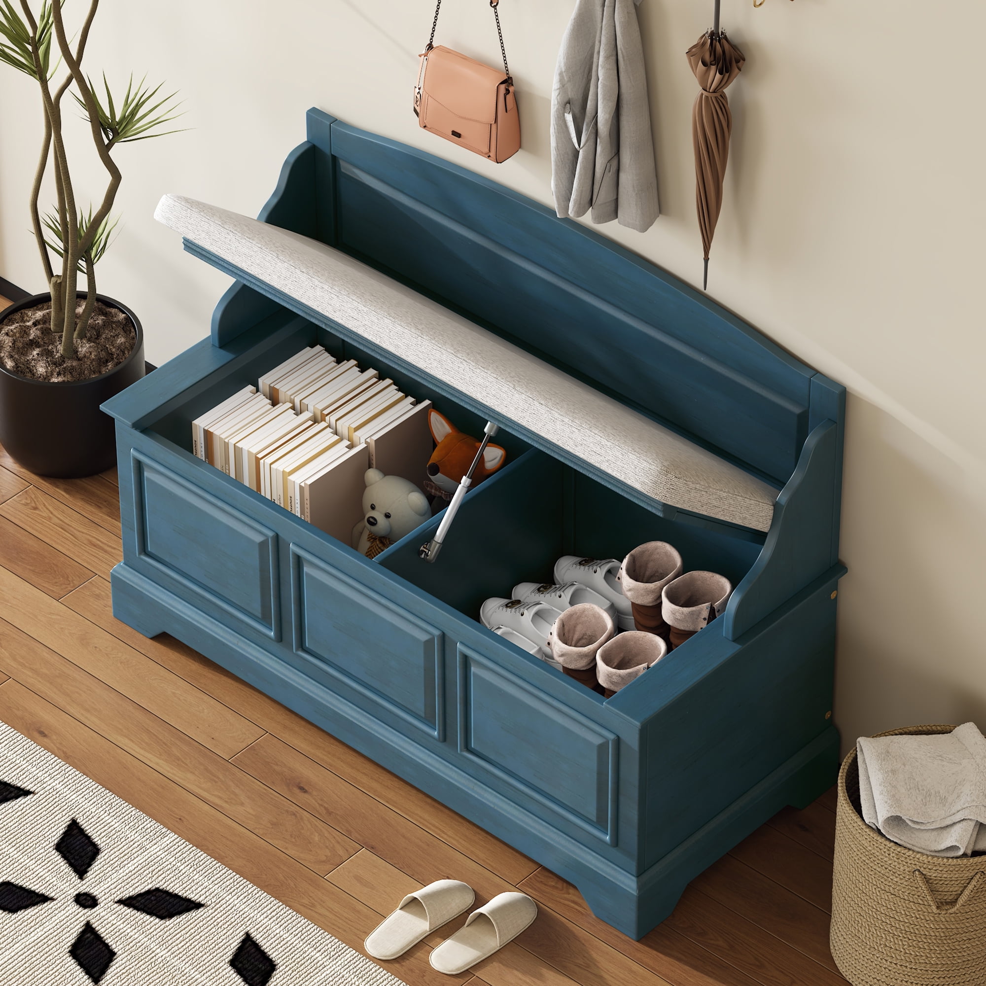 Euroco Vintage Wooden Shoe Storage Bench with Cushion, Carved Panel Design, Lift-Top Compartment, Entryway Seating