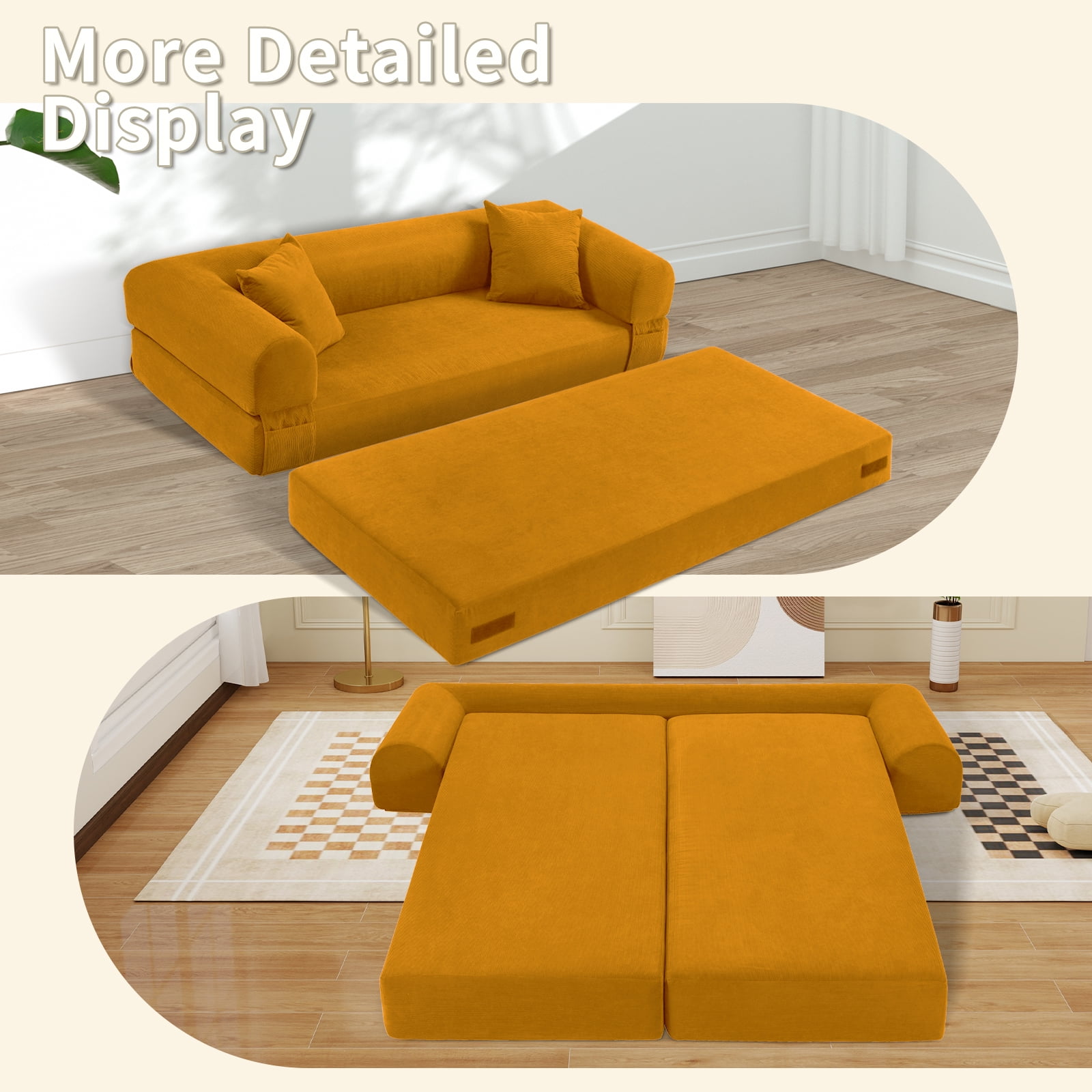 3 in 1 Convertible Sofa Bed, 80" Corduroy Folding Pull Out Couch with 2 Pillows, Floor Sofa with Side Storage for Living Room, No Assembly Modern Boneless Couch Compression Sofa, 30"W