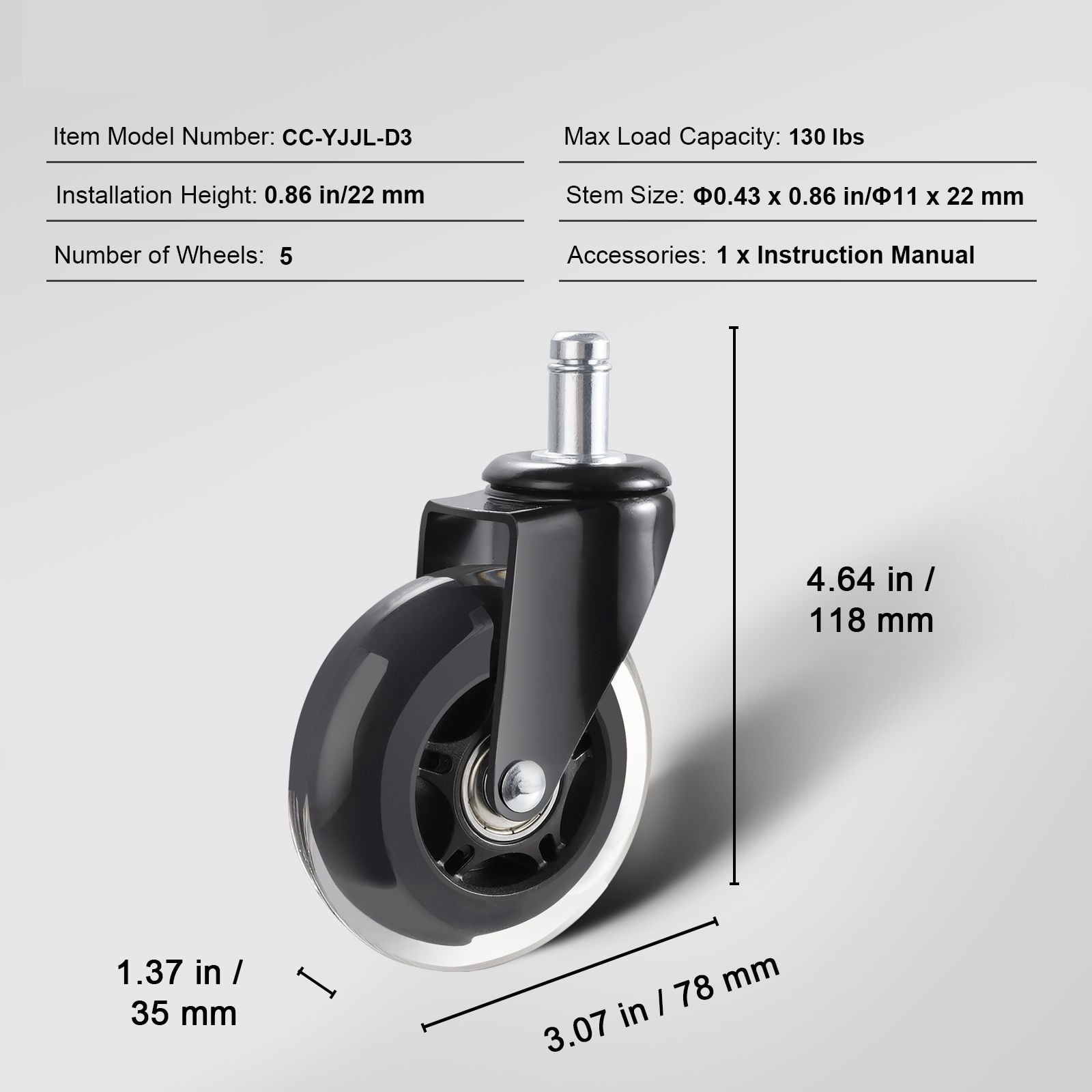 Caster Wheels 5-Pack, 360° Swivel with Dual Ball Bearings, Polyurethane One-Time Molded, 130 lbs Capacity, Universal Stem for Office Chair Replacement