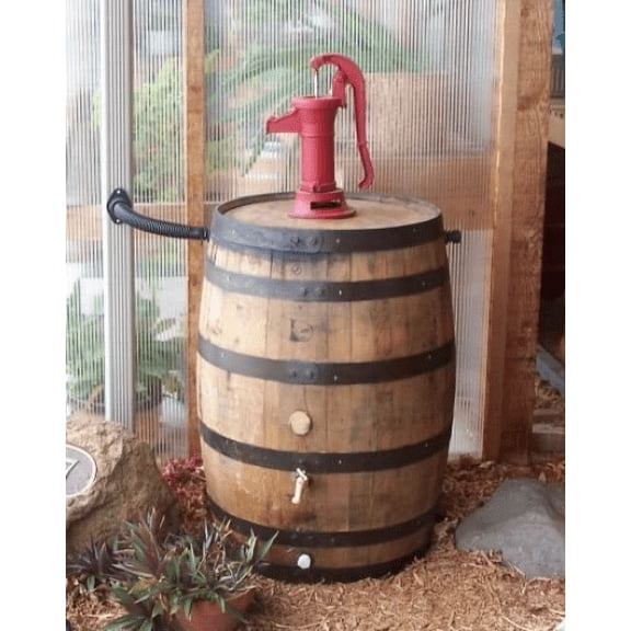 Whiskey Barrel Rain Barrel c/Red Pitcher Pump-Flex-Fit Water Diverter
