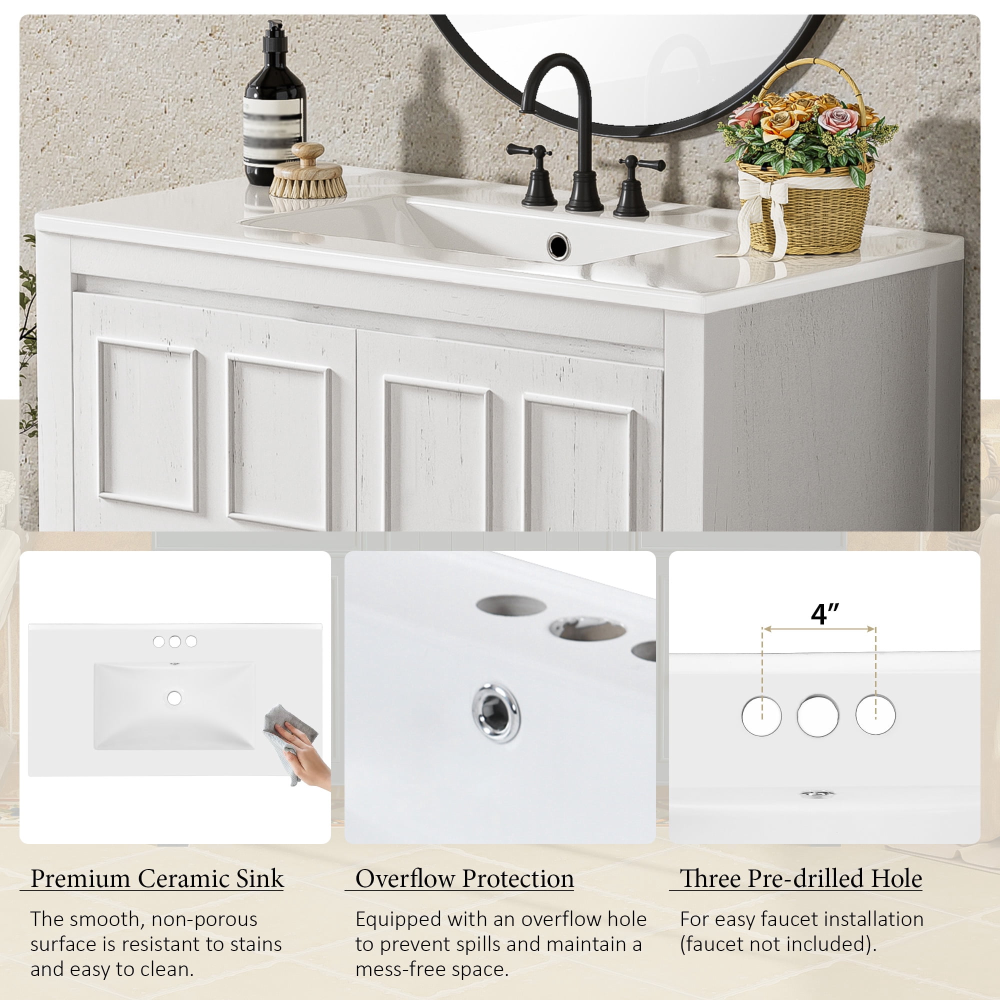 Euroco 36 " Bathroom Vanity Organizer with Ceramic Sink, Set Bathroom Storage Cabinet,Antique White