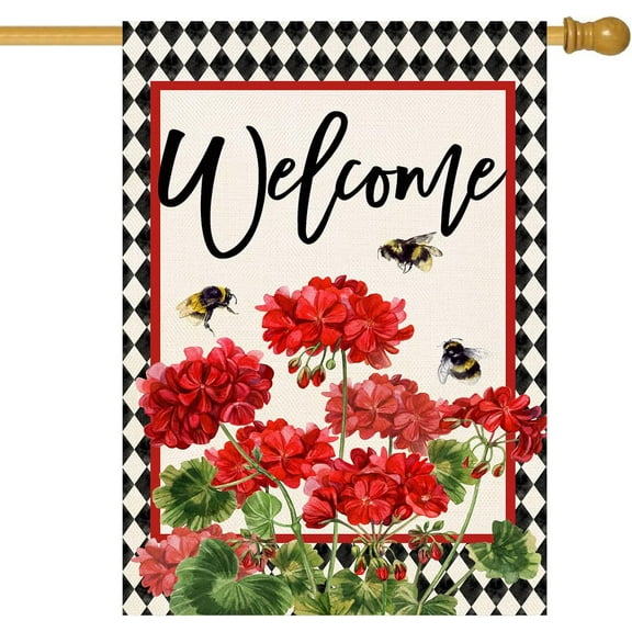 Spring Summer Geranium Welcome House Flag Double Sided Summer Bee Red Floral Buffalo Plaid Burlap Large Flag House Seasonal Farmhouse Outside Outdoor Decoration 28 x 40 Inch