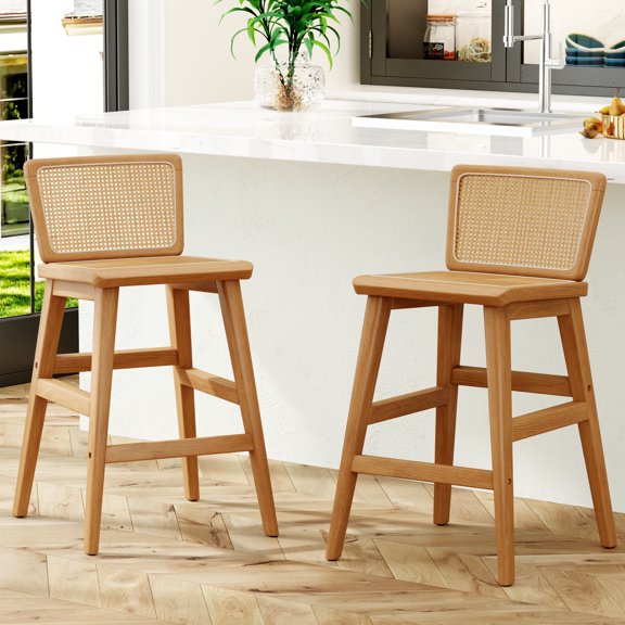Andeworld Counter Height Bar Stools Set of 2,Mid-Century Counter Stools,24" Farmhouse Barstools with Footrest,Natural Rattan Stools for restaurant