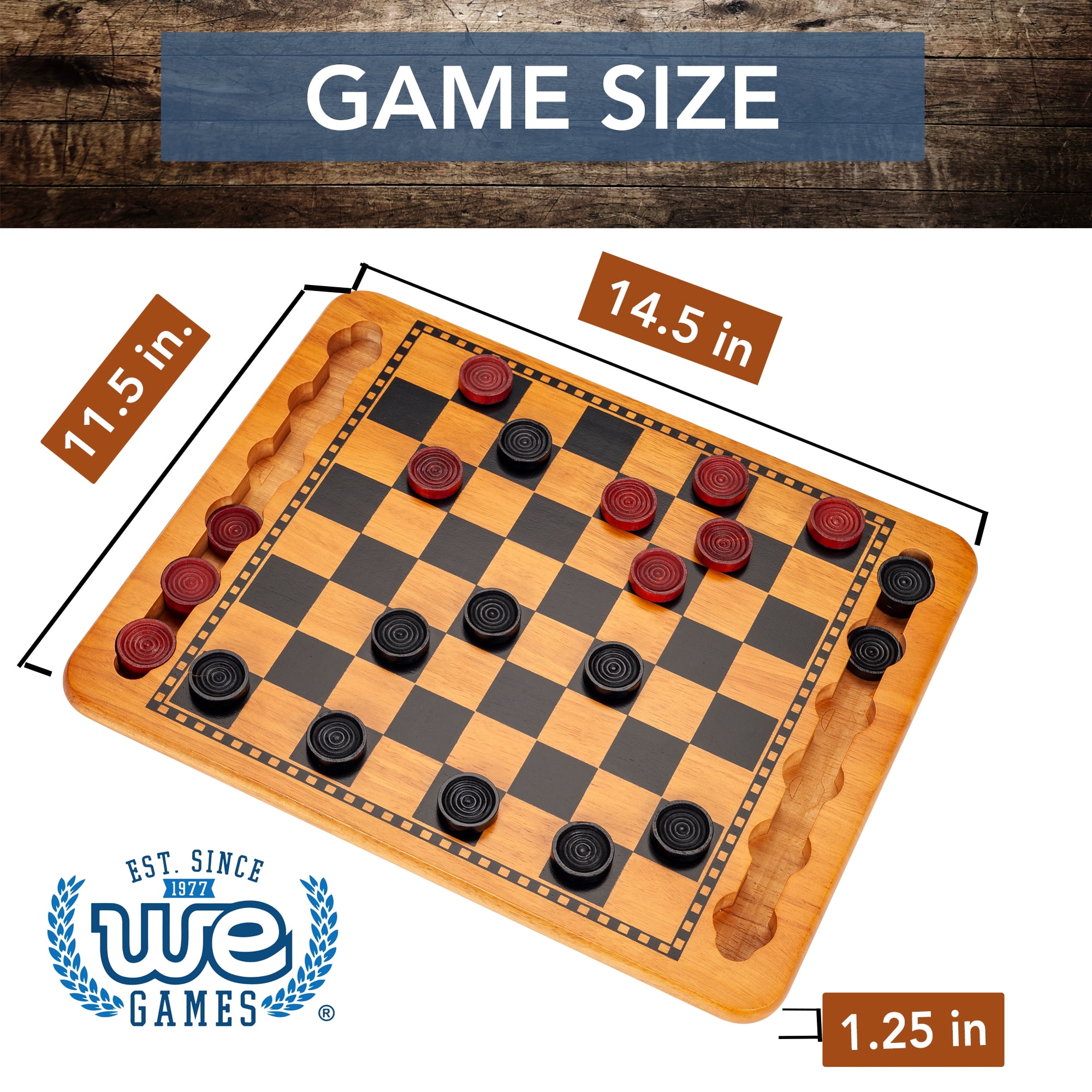 WE Games Vintage Checkers Board Game Set with 14.5 inch Solid Wood Board and 24 Red/Black Checkers