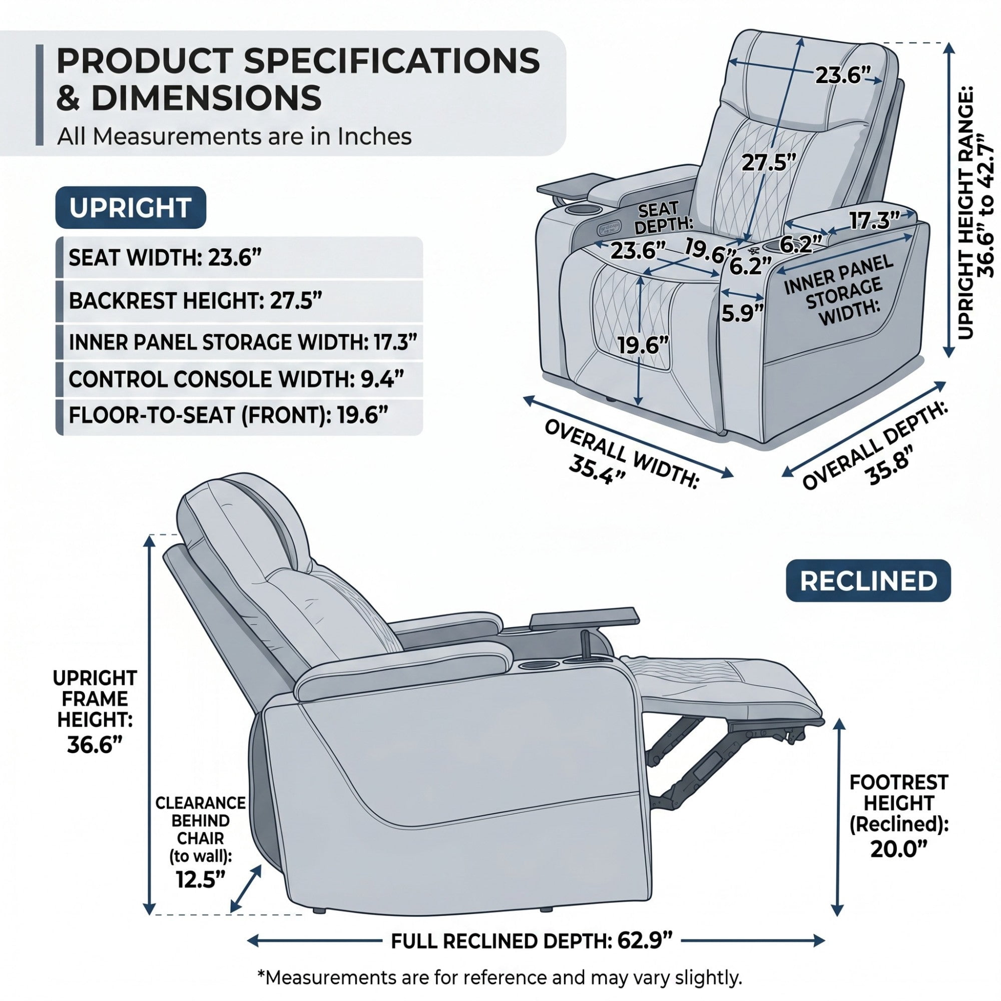 Sailvan Motion Recliner with Swivel Tray Table and Hidden Storage Black